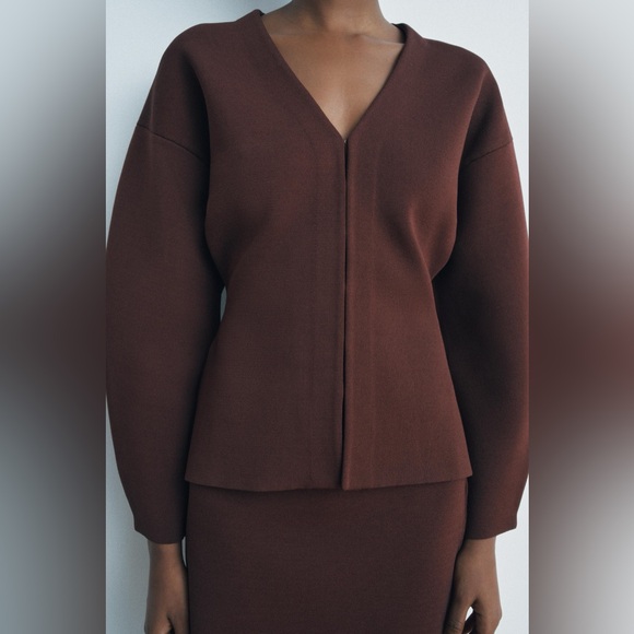 ZARA Khaite Inspired Brown 2-Piece Cardigan Sweater & Skirt Outfit Set - Picture 3 of 16